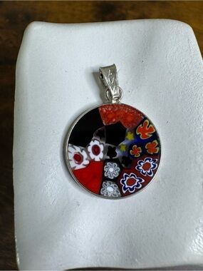 Sterling Silver Multicolor Millefiori Glass Flower Pendant - Red & Black
